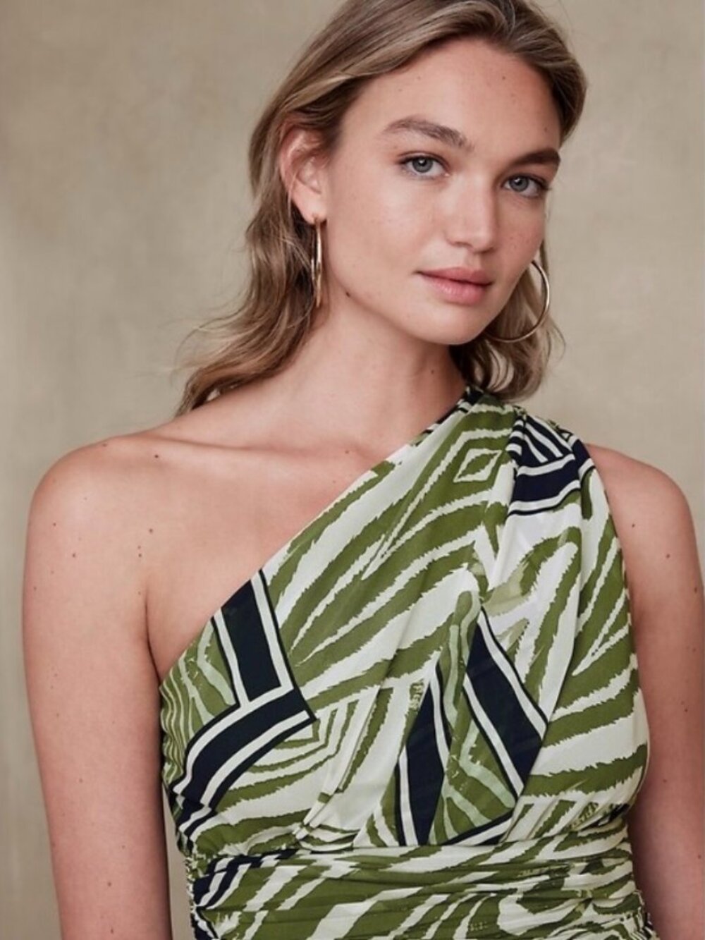 Banana Republic Green, White and Navy One Shoulder Knee Length Dress